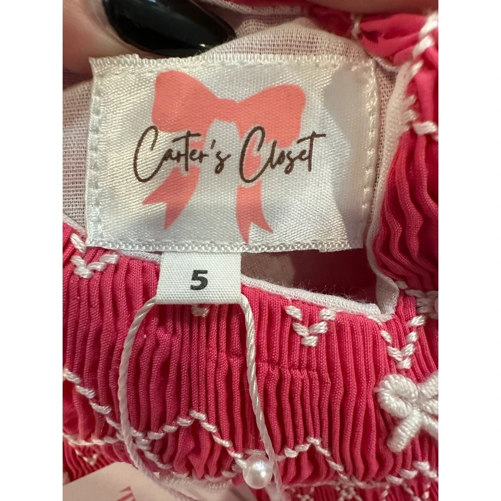 Carter's Closet Girls Hot Pink Smocked Bow Dress Lace Trim